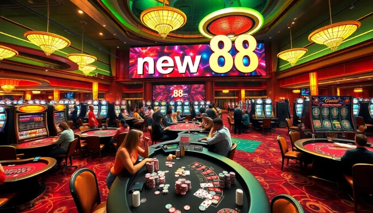 Players enjoying the thrill of new 88 casino games at vibrant tables, immersed in a dynamic gambling atmosphere.
