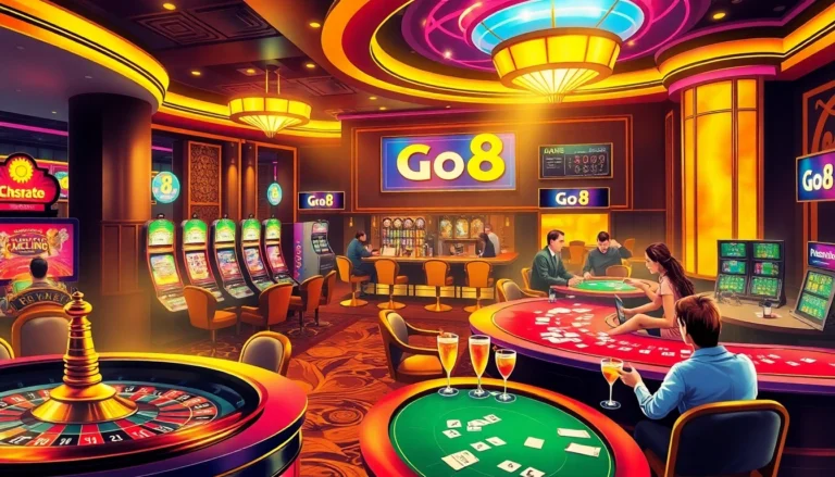 Engaging casino scene featuring cổng game Go8 elements with lively gambling activities and tables.