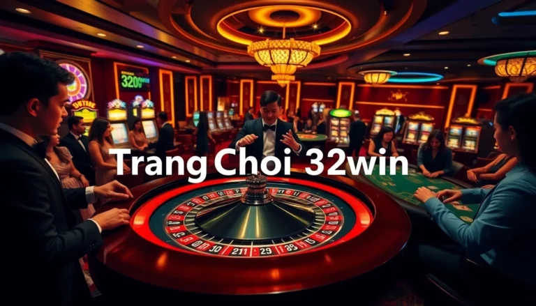 Experience the thrilling atmosphere of Trang Chủ 32win, where players enjoy roulette amidst glowing slot machines.