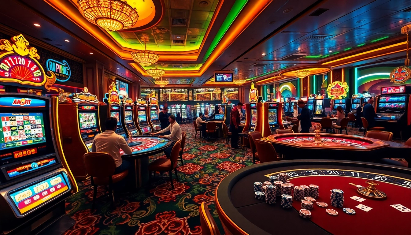 Players enjoying the vibrant atmosphere at 79kingg.store's luxurious casino, featuring exciting slot machines and roulette tables.